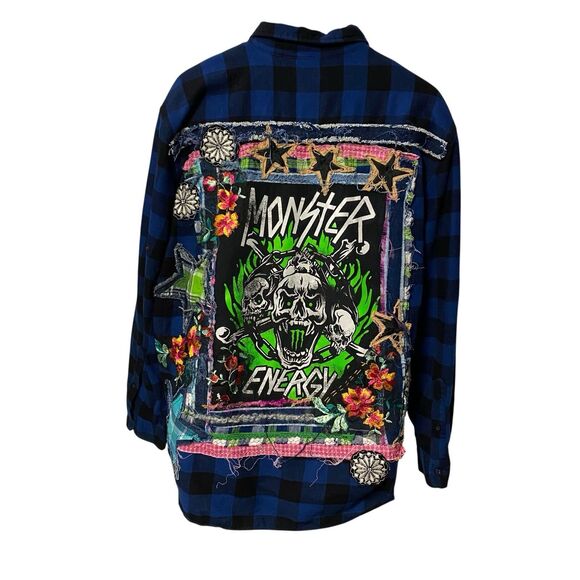 Upcycled Flannel Shirt Shacket Womens 1X Monster Grunge Patchwork Folk Art - Picture 6 of 16